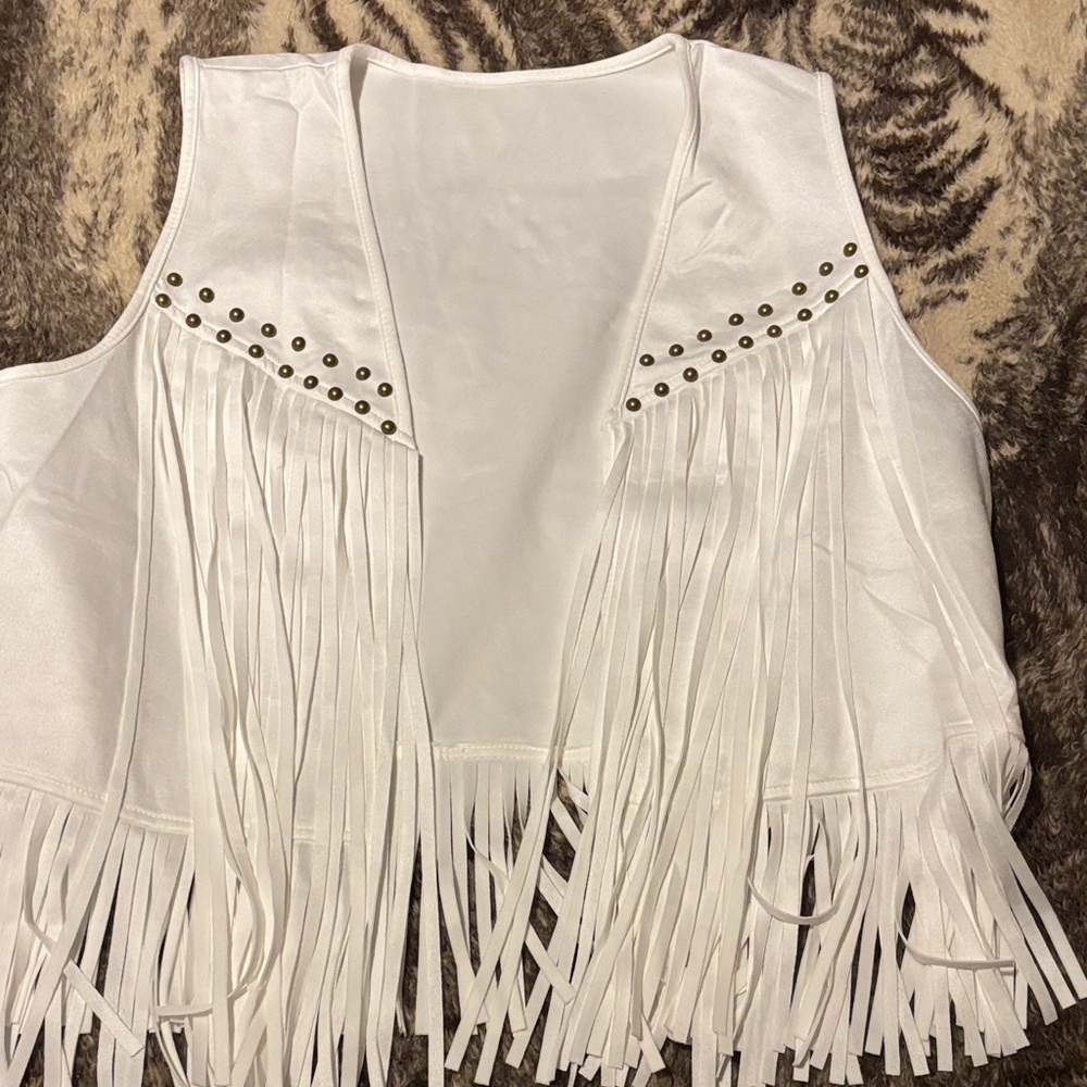 SHEIN White Fringe Vest with Stud Details